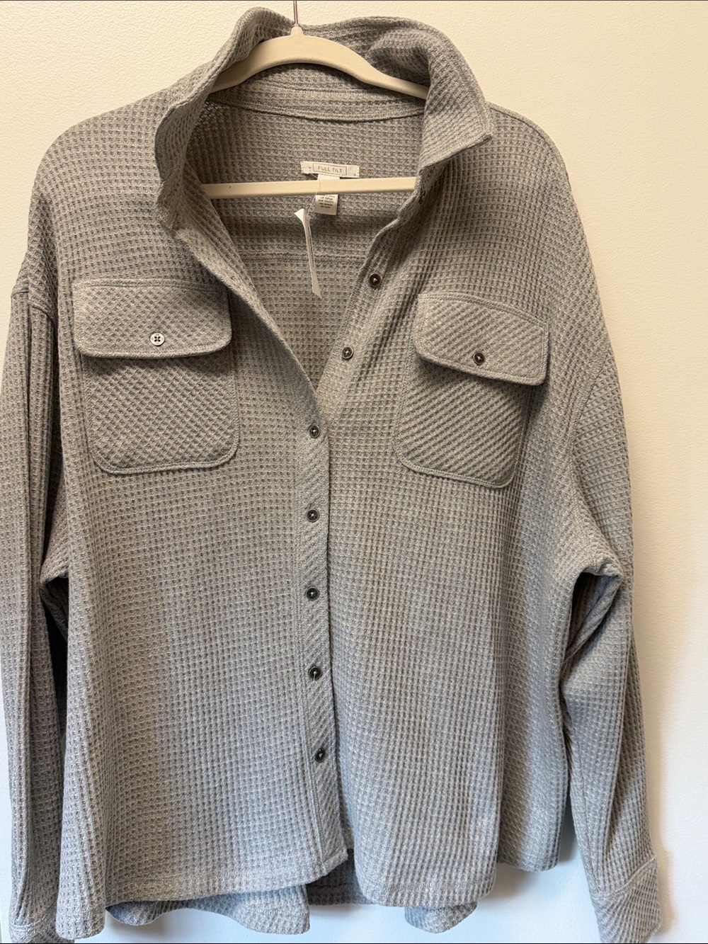 Full Tilt Light Gray Waffle Knit Button-Up Shacket
